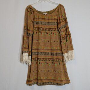 LADY'S WORLD Gold/Orange Short Straight Knit Dress; Lace Trim; Size XXL